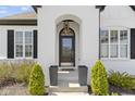 Close up of a stately front door featuring a beautiful archway, glass paned door, black planters and mature landscaping at 3840 Shady Lake Dr, Westfield, IN 46074