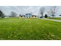 Expansive green lawn dotted with dandelions, leading up to a charming light blue and tan home at 1387 W Furry Rd, Fountaintown, IN 46130