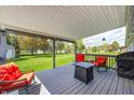 Relaxing covered deck featuring comfortable seating and an outdoor fire pit, perfect for entertaining at 7170 Janean Dr, Brownsburg, IN 46112