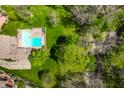 Aerial view of a backyard with a refreshing pool, surrounded by mature trees at 4731 Moss Creek Ct, Indianapolis, IN 46237