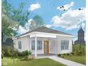 Charming single-story home with gray siding, a sidewalk, and an inviting orange front door at 1643 Sheldon St, Indianapolis, IN 46218