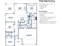 Detailed floor plan showcasing two bedrooms, two bathrooms, open living spaces, and a two-car garage at 19774 Highclere Ln, Sheridan, IN 46069