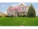 Beautiful stone-and-siding two-story home with lush lawn, flowering tree, and mature evergreens at 5196 E County Road 100 S, Avon, IN 46123