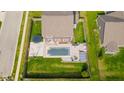 Aerial view of a fenced backyard complete with in-ground pool, patio and basketball court, perfect for outdoor living at 403 N Crystal Dr, Fortville, IN 46040