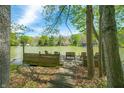 Lake view featuring a wooden dock with benches, set against a backdrop of serene water and lush greenery at 8277 N Lasalle Rd, Morgantown, IN 46160