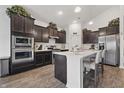 Well-equipped kitchen featuring stainless steel appliances, dark cabinetry, and a breakfast bar at 1666 Huntzinger Blvd, Pendleton, IN 46064