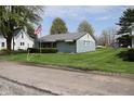 Quaint single-story home with a light blue exterior and a well-manicured lawn at 8341 N Washington St, Sheridan, IN 46069