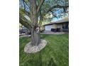 Home exterior with stone landscaping, large tree, and a two-car garage at 5218 Fletcher St, Anderson, IN 46013