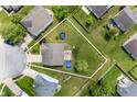 Aerial view of a private backyard that features a large grassy area, mature trees, and patio area at 10625 Gathering Dr, Indianapolis, IN 46259