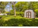 Large backyard featuring a storage shed for tools and equipment with mature trees at 728 E Main St, Carmel, IN 46032