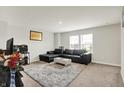 Cozy living room features a stylish black sectional sofa, modern rug, and bright natural light at 3719 Lexham Ct, Danville, IN 46122