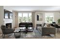 Comfortable living room with a fireplace, a view of the backyard and modern furniture on top of an area rug at 5774 Cloister Ln, McCordsville, IN 46055
