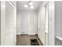 Bright hallway with white walls, multiple closet doors, neutral carpeting, and a simple yet elegant light fixture at 3975 Denwood Dr, Indianapolis, IN 46226