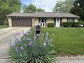 Charming stone home featuring a well-manicured lawn and beautiful blooming irises at 802 Suwanee Ct, Indianapolis, IN 46217