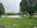 Scenic view of the community pond with mature trees and manicured green space at 1604 Stonewall Dr, Greenfield, IN 46140