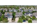 An aerial view of a neighborhood showcases the well-maintained lawns and various home styles at 12722 Moonseed Dr, Carmel, IN 46032