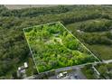 Aerial view showcasing the log home with boundary lines on a vast, wooded lot, offering privacy and a serene country setting at 6968 S 300 W, Trafalgar, IN 46181