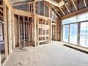 Framed interior of a house under construction featuring exposed wooden beams and large window placement at 1415 Beaumont Cir, Westfield, IN 46074
