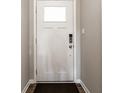 Modern white front door with glass panel, offering a bright and welcoming entrance to the home at 2675 Cottage Ct, Brownsburg, IN 46112