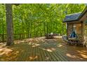 Expansive wooden deck surrounded by trees, perfect for outdoor dining and entertaining with natural views at 5920 Crooked Creek E Dr, Martinsville, IN 46151