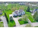 Expansive aerial view showcases the landscaped property and a large circular driveway at 9790 Summerlakes Dr, Carmel, IN 46032