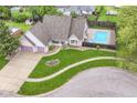 Aerial view of house showcasing private backyard swimming pool and meticulously maintained lawn at 436 Maria Dr, Greenwood, IN 46143