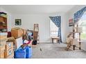 Bright bedroom with a window, cat tree, and a mix of boxes and personal items, ready for personalization at 1000 E Willard St, Muncie, IN 47302