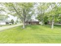 Expansive backyard view of a brick home with mature trees and a well-manicured lawn at 156 N Eastern Village Dr, Greenfield, IN 46140