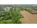 An aerial image highlighting the home's proximity to green space, farmland, and neighboring residences with a quaint road at 8293 Water St, Coatesville, IN 46121