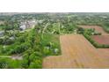 Panoramic aerial perspective capturing the property, showcasing expansive fields and homes, bordered by lush trees and a quaint road at 8293 Water St, Coatesville, IN 46121