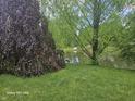 Scenic backyard view of a serene pond surrounded by lush greenery and mature trees at 6723 Silver Tree Dr, Indianapolis, IN 46236