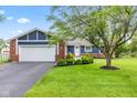 Exterior view of a well-maintained home featuring a blue facade, brick accents, and a lush front yard landscape at 2309 Alexandria Dr, Greenfield, IN 46140