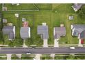 Aerial view showcasing the neighborhood with large grassy yards, mature trees, and neat landscaping at 1431 Evergreen Dr, Greenfield, IN 46140