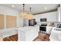 Modern kitchen with white cabinets, an island, stainless steel appliances, and stylish pendant lighting at 5931 Sterling Dr, Whitestown, IN 46075