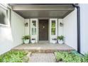 Inviting front porch with potted plants, a dark wood door, and neutral siding at 858 Cedar Wood, Carmel, IN 46032