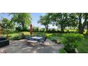 Serene backyard with a patio dining set, mature trees providing ample shade, and lush greenery, ideal for outdoor relaxation at 17002 Folly Brook Rd, Noblesville, IN 46060