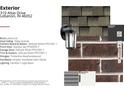 Close-up of exterior elements featuring brick, vinyl siding, roofing shingles, lighting fixture and paint samples at 310 Atlas Dr, Lebanon, IN 46052