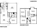 A detailed layout of a two-story home plan including the garage, kitchen, bedrooms, and bathrooms at 6150 Cascades Dr, Whitestown, IN 46075