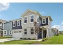 Charming two-story home featuring a two-car garage, well-manicured lawn, and stylish blue and gray siding at 1807 Orchard Dr, Fortville, IN 46040