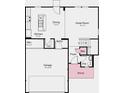 First floor layout featuring an open concept kitchen, dining, and living space, with a garage and entry foyer at 1943 Black Oak Dr, Shelbyville, IN 46176