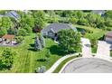 Aerial shot featuring the brick and yellow siding home with a long driveway and mature trees at 1020 Lair Ct, Westfield, IN 46074