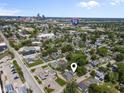 Aerial shot pinpointing home near Interstate 70, with city skyline in background at 418 Harlan St, Indianapolis, IN 46201