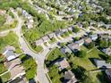 Aerial view of a well-maintained residential neighborhood with mature trees and manicured lawns on a sunny day at 9229 Crossing Dr, Fishers, IN 46037