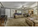 Comfortable living room is furnished with plush couches, television and ample lighting at 6691 S County Road 350 W, Clayton, IN 46118