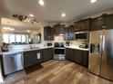 Modern kitchen with stainless steel appliances, dark cabinetry, and spacious countertops at 4960 Silverbell Dr, Plainfield, IN 46168