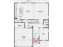 Open concept floor plan showcasing the kitchen, dining, and great room with a 2-car garage and covered porch at 438 Weaver Ln, Pittsboro, IN 46167