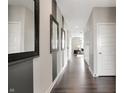A stylish hallway features dark hardwood floors, modern mirrors, and neutral paint at 8856 Alexander Ridge Dr, McCordsville, IN 46055