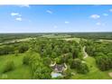 Expansive aerial view showcasing the property's pool, landscaping, and surrounding verdant landscape at 2953 Foxborough Dr, Greenwood, IN 46143