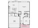 Open-concept floor plan with kitchen, dining, and great room, including garage, storage, and covered porch at 444 Weaver Ln, Pittsboro, IN 46167