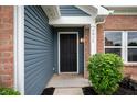 Close-up of the front door with sidelight, brick trim and attractive landscaping at 7918 Wolfgang Pl, Indianapolis, IN 46239